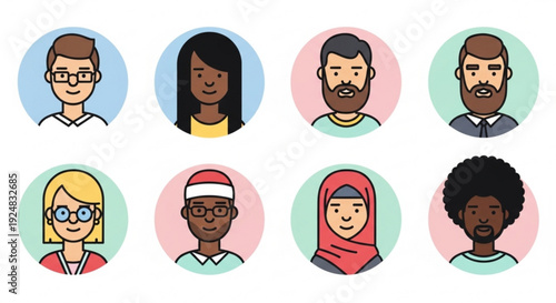 Diverse group of people with different ethnicities and professions smiling and looking happy