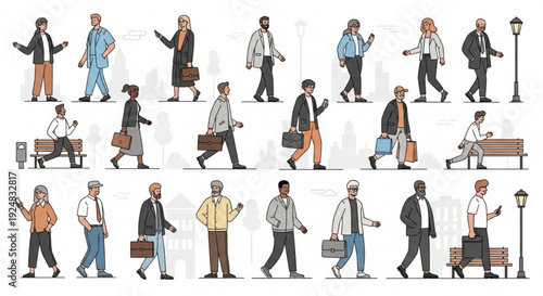 Diverse group of business people walking with briefcases and bags in urban setting with city skyline