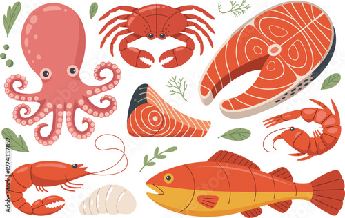 Flat vector seafood collection, salmon steak shrimp crab octopus fish isolated cartoon illustration on white background
