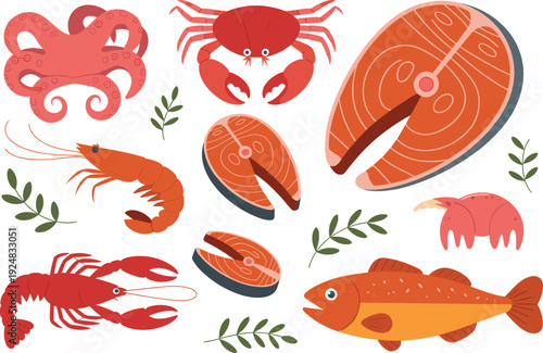 Flat vector seafood collection, salmon steak shrimp lobster crab octopus fish isolated cartoon illustration on white background