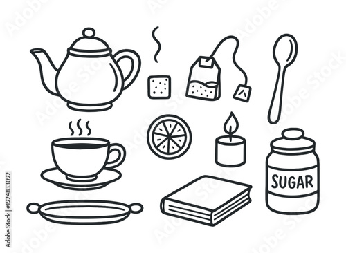 Hand-drawn tea set elements with teapot, cup, and accessories in black and white