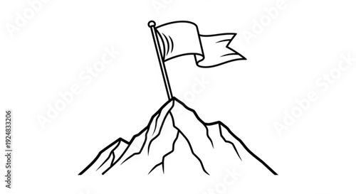 A flag waving on a mountain peak, symbolizing achievement and success from a distant viewpoint