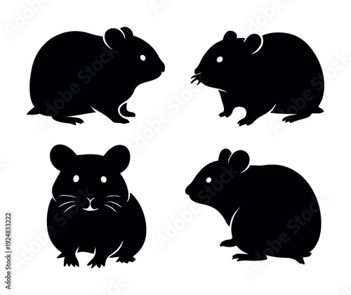 Silhouette set of four hamsters in different poses on white background