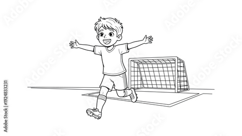Happy boy soccer player celebrating a goal with airplane arms coloring page