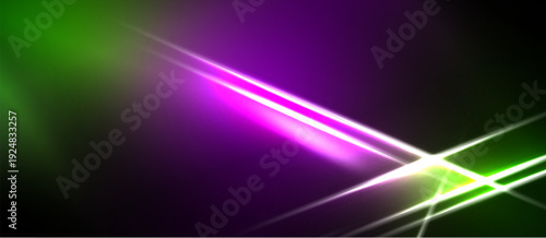 Abstract vibrant background. Green, purple, bright lines intersect. Dramatic lighting creates dynamic visual effect. Modern design element.