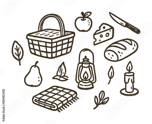 Hand-drawn picnic elements: basket, food items, lantern, and nature symbols