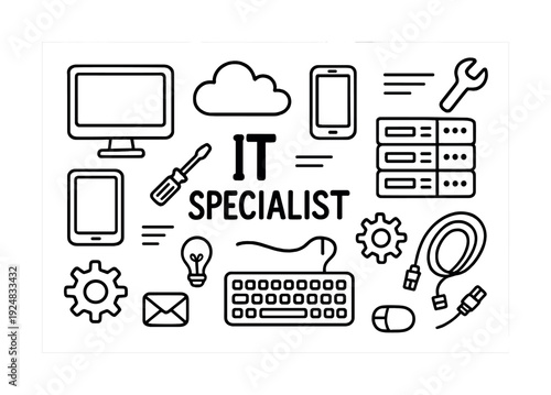 It specialist icon set with tools and devices illustrations for technology enthusiasts