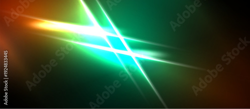 Abstract light streaks, vibrant colors blend. Green dominates, orange accents create dynamic visual effect. Dark background emphasizes luminosity.