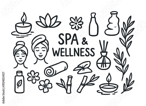 Spa and wellness icons including candles, essential oils, and relaxation elements
