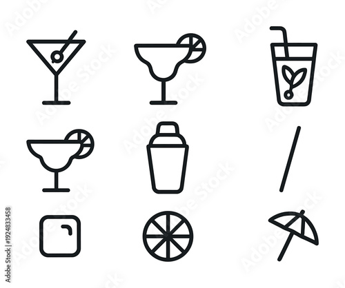 Cocktail icon set: martini, margarita, citrus drink illustrations