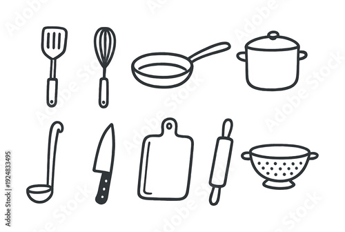 Hand-drawn kitchen utensil icons: spatula, whisk, pan, pot, ladle, knife, cutting board, rolling pin, colander