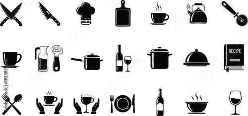 Professional kitchen icon set featuring chef hats knives cooking pots kettles and restaurant dining symbols for culinary and catering design