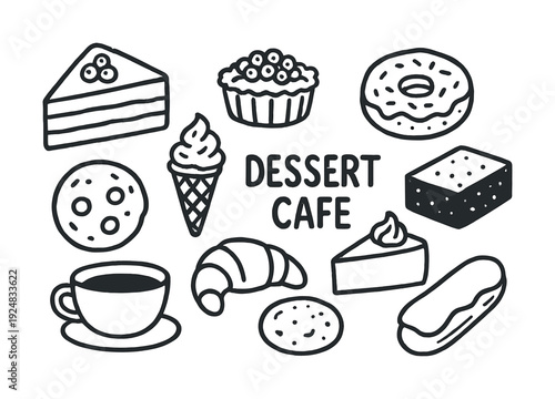 Assorted dessert cafe treats: cakes, cookies, donut, coffee, and more