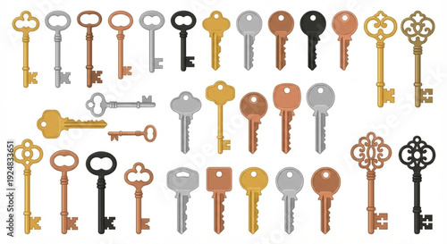 Collection of various antique and modern keys, symbolizing access, security, and mystery