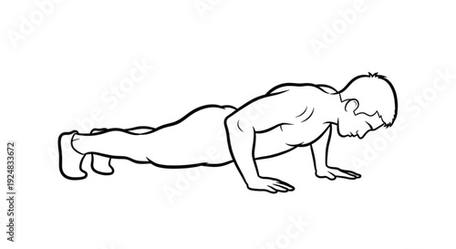 Man performing push-up exercise in a straight line, illustration of fitness and strength, viewed from the side