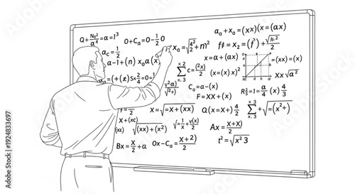 Man explaining complex mathematical equations on a whiteboard in a classroom environment from a rear viewpoint