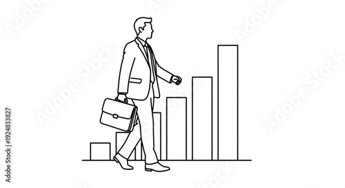 A businessman walks towards a rising bar graph, symbolizing success and upward trend in a corporate environment from a side viewpoint
