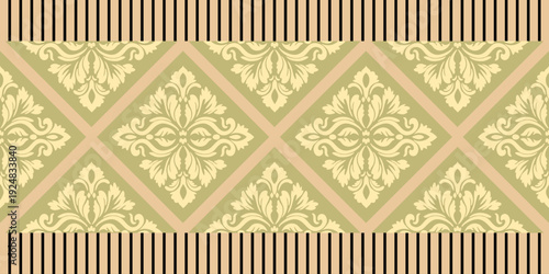 Vintage Damask Floral Seamless Border Pattern in Sage Green and Cream with Diamond Ornaments and Black Stripes for Luxury Textile, Interior Decor, and Elegant Wallpaper Design