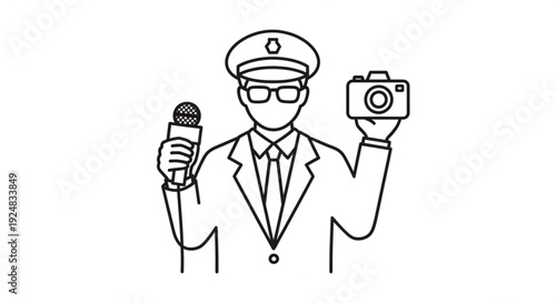 A news anchor holding a microphone and camera, standing in a news studio, viewed from the front.