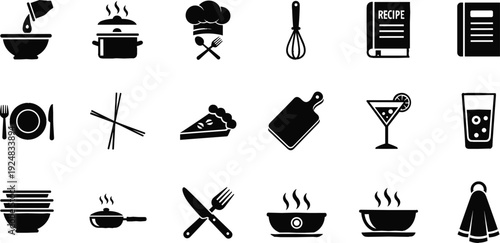 Set of professional kitchen and culinary line icons featuring chef hat cooking pots recipe books and various restaurant tools,