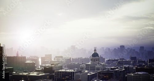 Φωτογραφία warm sunrise light over historic dome and surrounding towers with layered urban