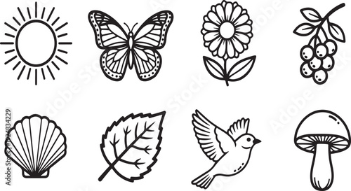 A collection of nine distinct nature-themed illustrations in black and white Vector