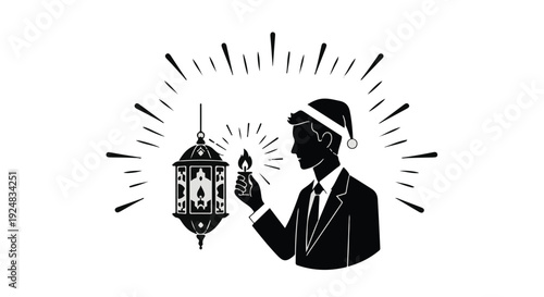 Man in suit and Santa hat lights intricate lantern, symbolizing festive spirit and tradition.