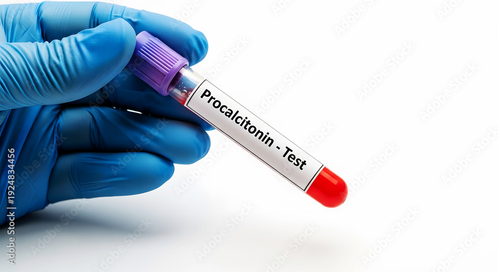 Obraz premium Hand in blue glove holding blood sample test tube labeled Procalcitonin Test image