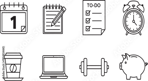 Illustrations of various objects representing daily activities and planning Vector