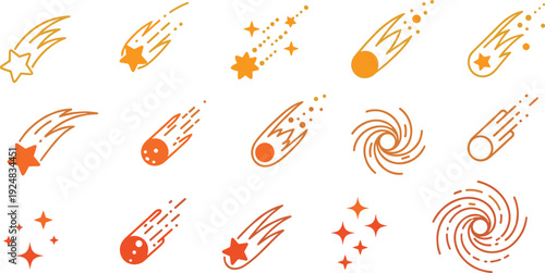 Astronomy vector set featuring orange falling stars comets meteors and spiral galaxy icons for space exploration and cosmic science design