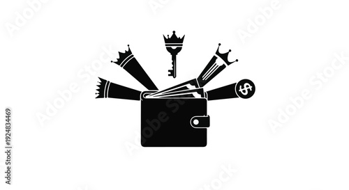 Wallet overflowing with cash, keys, and crowns symbolizing wealth and opportunity