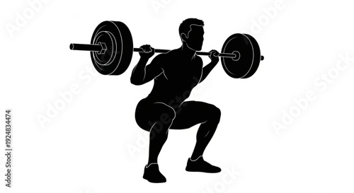 A muscular man performs a weighted back squat exercise with a barbell in a fitness setting.