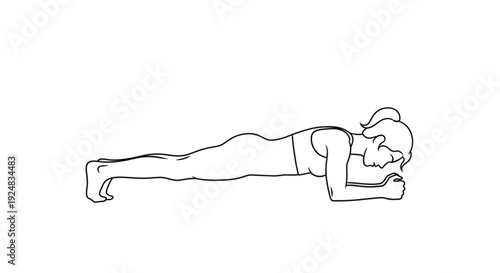 Woman performing a plank exercise in a simple line drawing on a plain background from a side viewpoint
