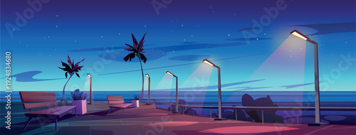 Night embankment illuminated with street lights