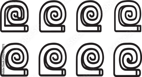 Eight black and white line drawings of rolled up carpets Vector