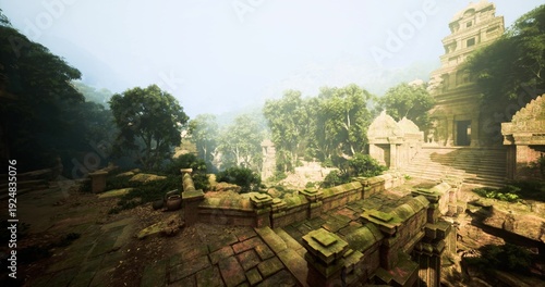Photography ancient stone temple ruins bathed in golden light, mosscovered pillars and carve
