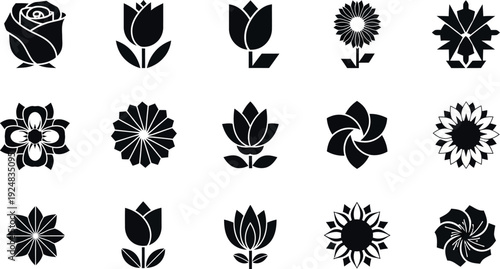 Collection of fifteen black flower on white background rose tulip sunflower lotus