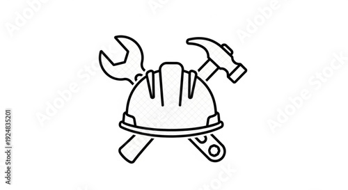Line art illustration of a hard hat, wrench, and hammer crossed, symbolizing construction and industry