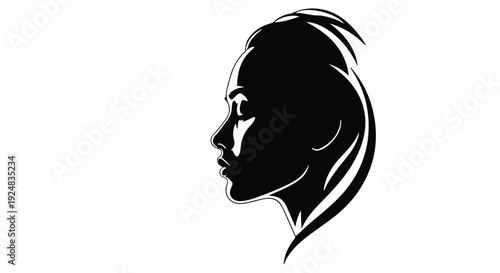 Elegant silhouette of a woman's profile with flowing hair against a white background.
