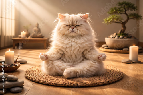 A serene cat meditating in a zen space, capturing the essence of mindfulness and tranquility. A small bonsai tree and some candles complement the scene
