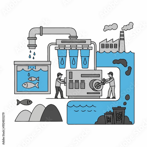 Industrial Water Treatment Process Illustration with Pollution Control Measures.