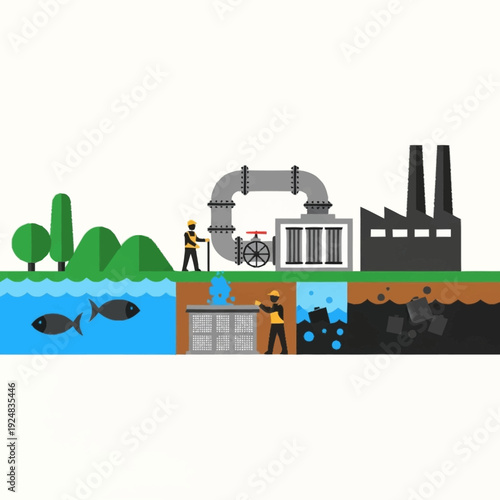 Industrial pollution affecting water and environment with workers nearby.