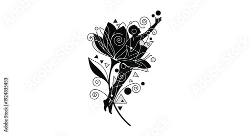 Graceful dancer emerges from blooming lotus with swirling patterns and geometric shapes.
