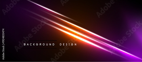 Abstract neon lines over black background. Vibrant orange, purple gradients create dynamic visual effect. Modern design element.