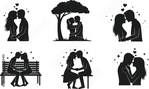 Romantic couple silhouette set with man and woman kissing hugging and sitting on park bench under tree for valentines day design
