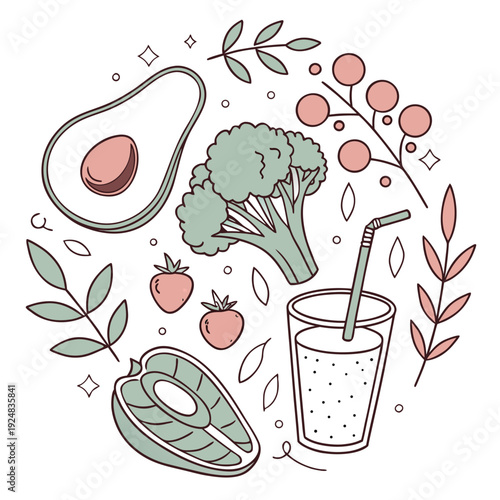Healthy Organic Food and Nutrition Flat Vector Illustration Set.