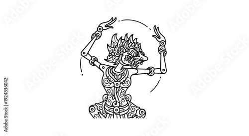 Balinese Wayang Kulit Puppet Character, Traditional Indonesian Art, Line Drawing