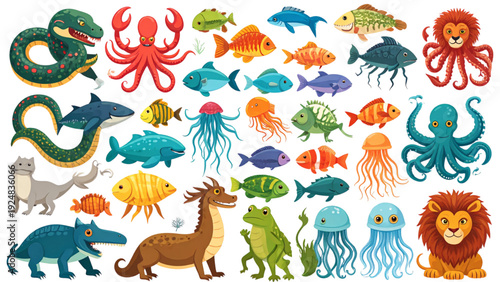 Dangerous Animals and Sea Creatures Cartoon Illustration Set Featuring Snakes, Scorpions, Octopus, Fish, Jellyfish, Frog, and Wild Predators for Education Vector Design