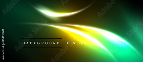 Abstract neon lines create dynamic background. Bright yellow, green hues blend into dark space. Modern design element.