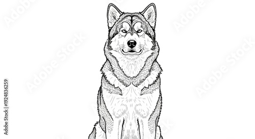 Black and White Drawing of a Majestic Husky Dog Sitting and Looking Forward